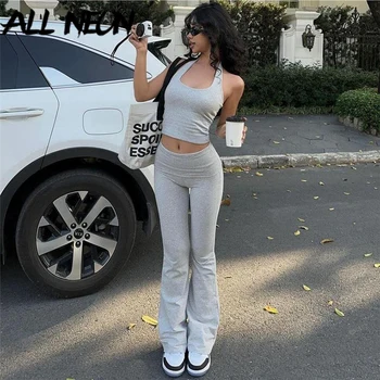 ALLNeon Solid Y2K estetica donna Co Ord abiti Sexy Backless Halter Tanks top Casual a vita alta Flare Pants anni '90 set a due pezzi
