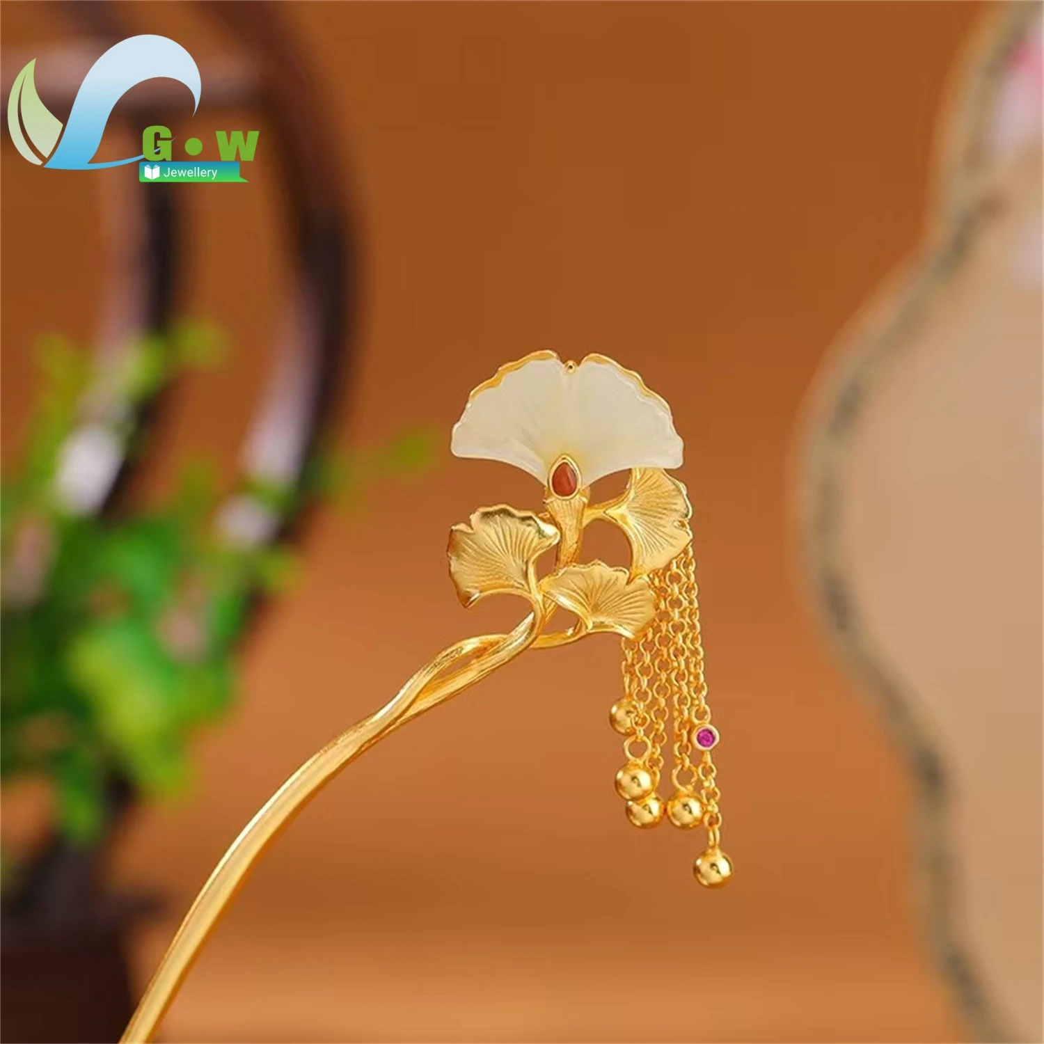Natural Hetian Jade South Red Agate Ginkgo Leaf Tassel Hairpin Silver Hair Stick Women Vintage Elegant Chinese Style Jewelry
