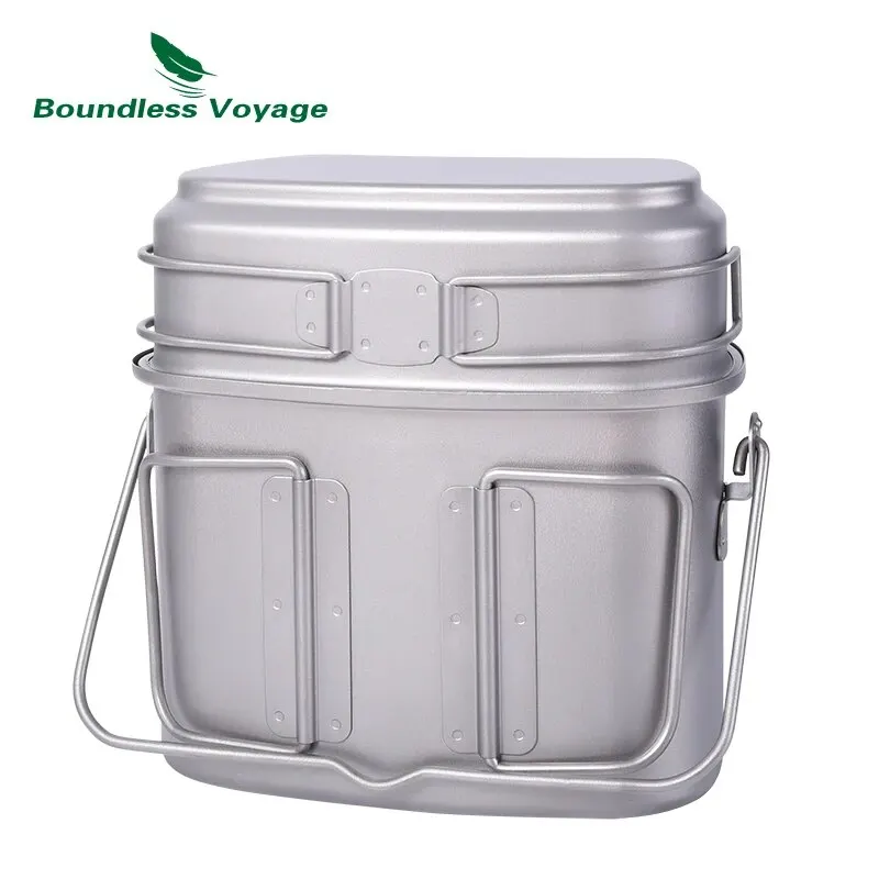 Boundless Voyage Titanium Hanging Pot Cup Cooking Set with Lid Folding Handles Outdoor Camping Cookware Mess Kit 1500ML + 600ML