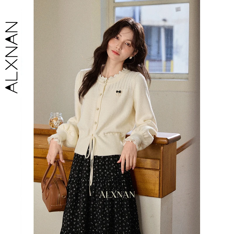 ALXNAN 플러스 사이즈 버튼 가디건 드로스트링 밑단 라운드넥 신축성 니트 스웨터 슬림 엘레강트 특별 따뜻한 여성 상의 D57526