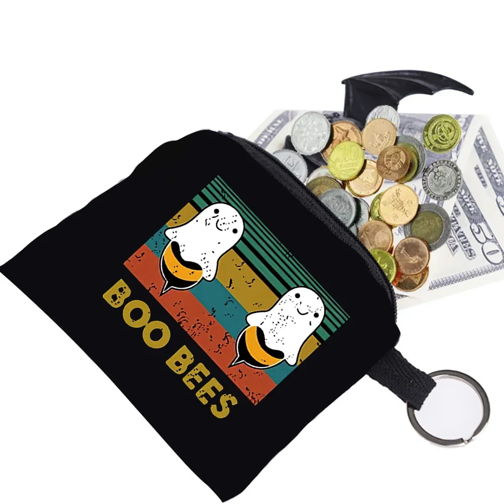 Wallet Coin Purse Earplugs Key Storage Bag Small Object Ring Buckle Zipper Black Canvas Pew Print Pattern Series 2024