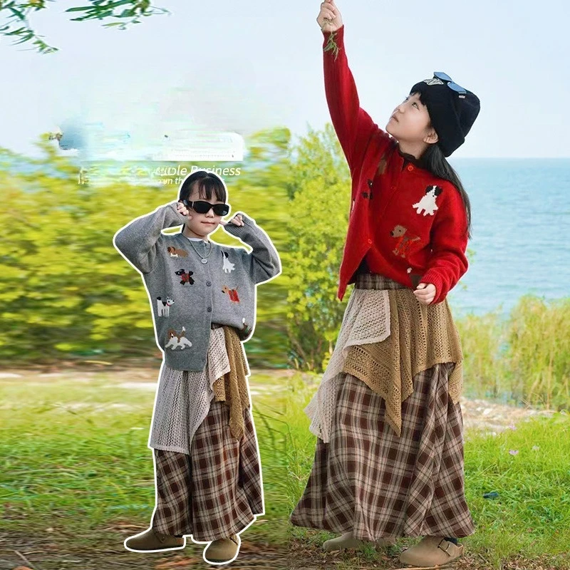 

autumn winter warm 4-14 teen girls cartoon dog sweater jacket Children's knitted cardigan junior kids casual puppy coat clothes