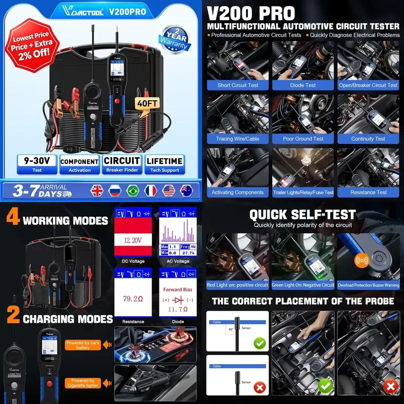 VDIAGTOOL V200PRO 12/24V Automotive Power Circuit Probe Tester 40FT/12M Cable Relay Fuse Tester Fuel Injector Short Circuit