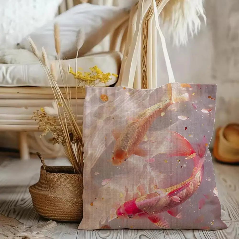 Bolsas de Almacenamiento de Anime con Estampado de Carpas Koi y Flores de Loto, Bolsas de Lona con Estampado a Doble Cara, Bolsa de Hombro para Uso Diario, Bolsa de Compras