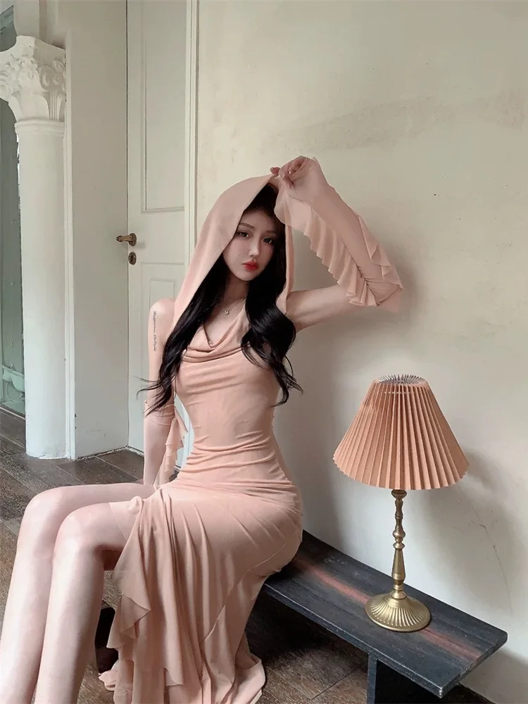 

Wasteland Style Vintage Women Long Gauze Dress Hooded Ruffles Split Ruffles Slim Hip Dress Lady Party Dinner Banquets Night Club