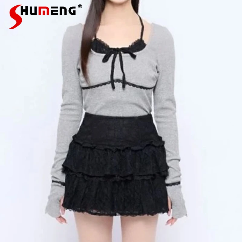 المرأة Y2k بلايز اليابانية Rojita نمط الدانتيل المرقعة التعادل وهمية قطعتين تمتد إصبع الأكمام البلوز بأكمام طويلة تي شيرت #1