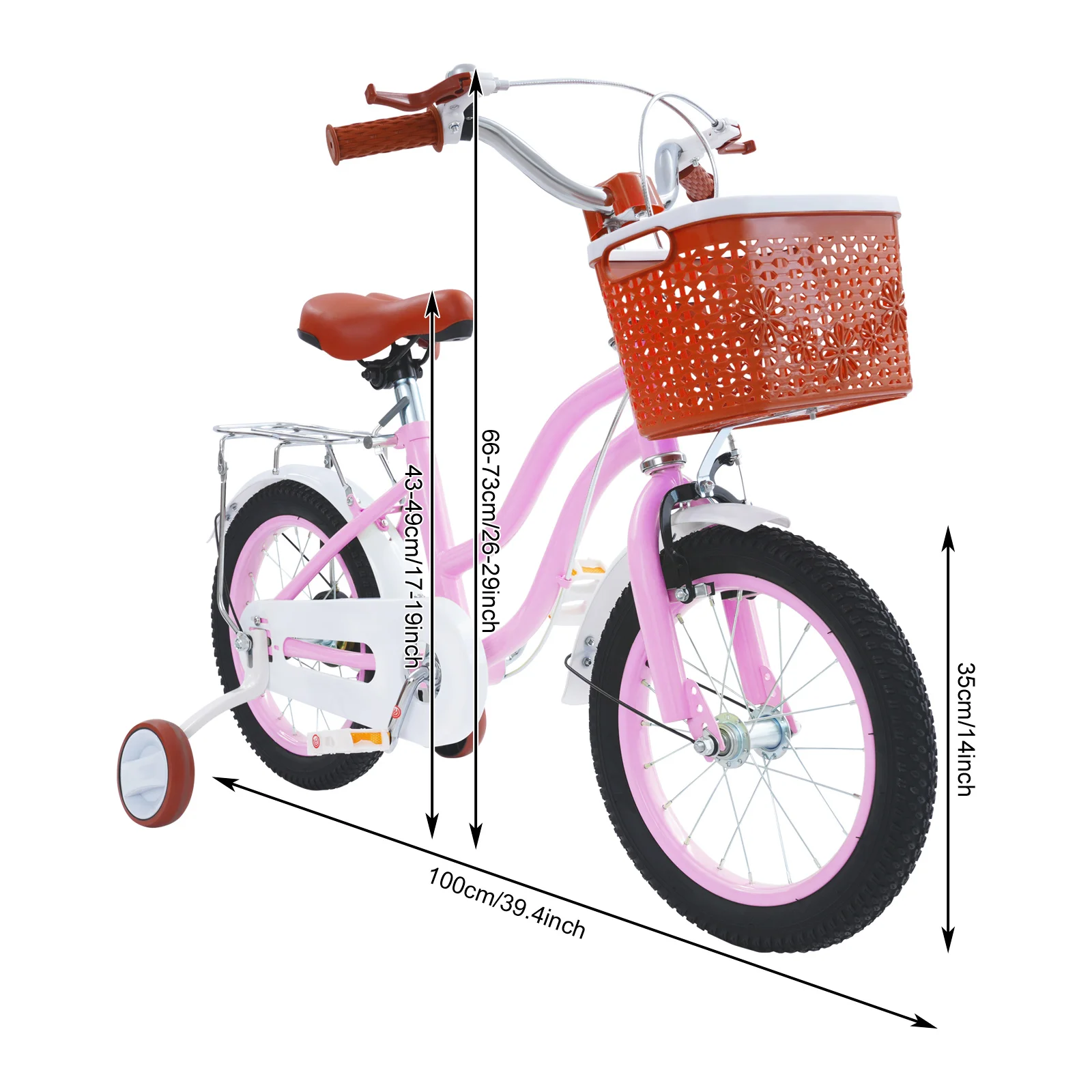 14-inch kinderfiets met zijwieltjes, mand, achterbank |   Verstelbare kinderfietsbelasting 60 kg voor kinderen van 3-7 jaar, roze/beige