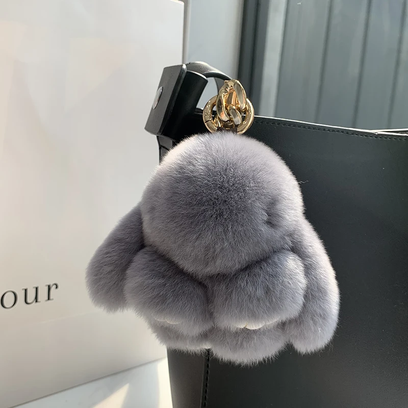 100% Natural Rex Rabbit Fur Cute Fluffy Bunny Keychain Real Fur Key Chains Bag Toys Doll Lovely Keyring Pendant