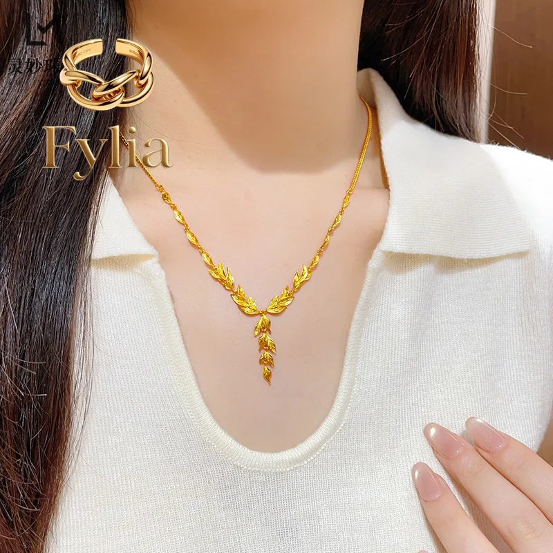 

Fylia Jewelry 9999 ancient golden branch and jade leaf necklace happy leaf wheat ear 24K real gold clavicle chain wedding gift
