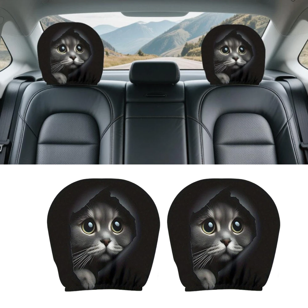 

2pcs Realistic Cats Face Printed Car Headrest Cover Cute Animal Pillowcase Washable Auto Seat Headrest Cushion Cover