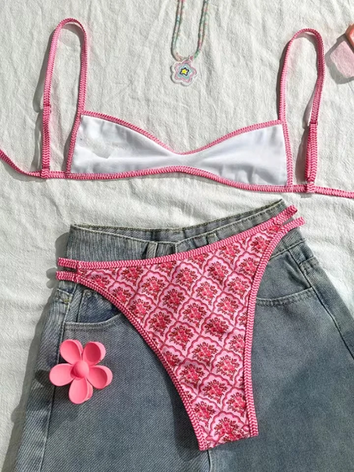 Vzvn 2025 Bather Bathing Suit Swim Flowers Printed High Leg Cut Bikini Female Swimsuit Women Swimwear Two-pieces Bikini Set