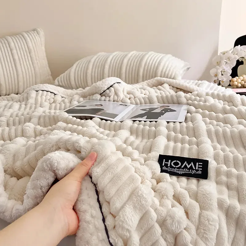 Faux Rabbit Plush Blanket for Autumn and Winter Thick Milk Velvet Nap Blankets for Single and Double Soft Cozy Warm Sofa Cover