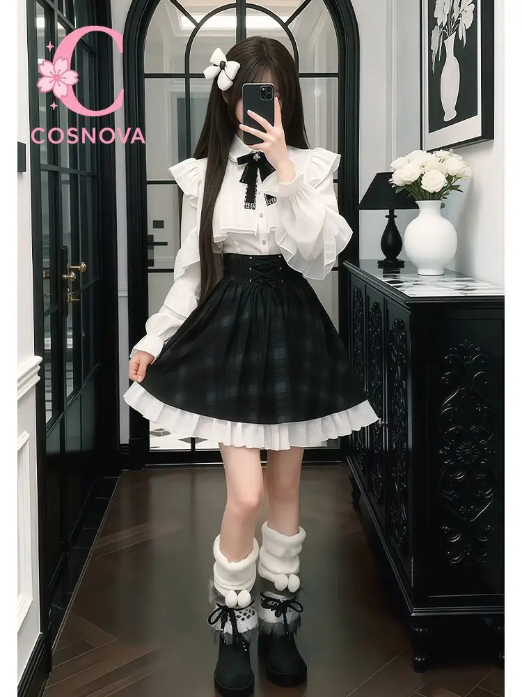 Lolita Ruffle Blouse and Plaid Lace Up High Waist Skirt Set Sweet Cool Jirai Kei Kawaii Harajuku Subculture 2 Piece Outfit 2026