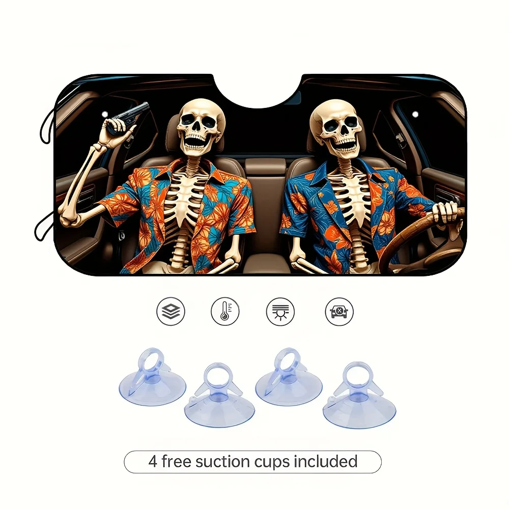 1pc Skeleton Gangster Car Sunshade Compact Lightweight Windshield Art Design with Vibrant Skeletons in Hawaiian