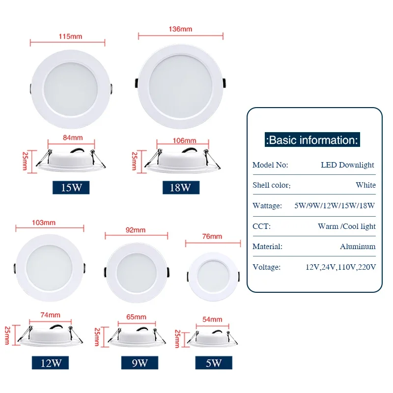 Recesso Redonda LED Teto Downlight, Spot Lamp, Iluminação Interior Quarto, Home Decor, AC 110V, 220V, DC 12V, 24V, 6Pcs