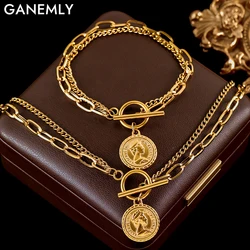 GANEMLY Portrait Coin Pendant Necklace Bracelet Set For Women 316L Stainless Steel Hypoallergenic Waterproof Chain Jewelry Gift
