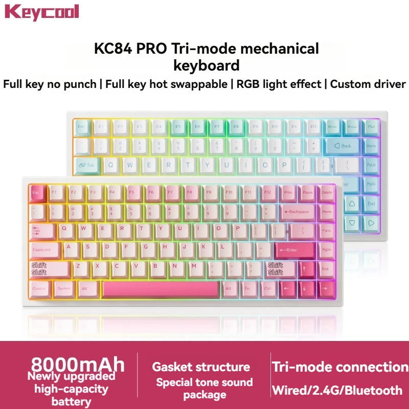 KC84PRO Tri-mode Mechanical Keyboard Customized Hot Swappble RGB Gasket Structure 84% Layout Ergonomic Game Mechanical Keyboard