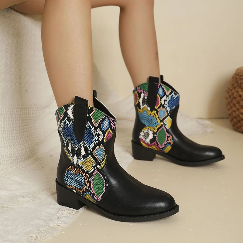 Fashion New Snake Print Printing Women\'s Boots High Quality Mixed-color Point Toe Ankle Boots Women Slip on Fashion Short Boots