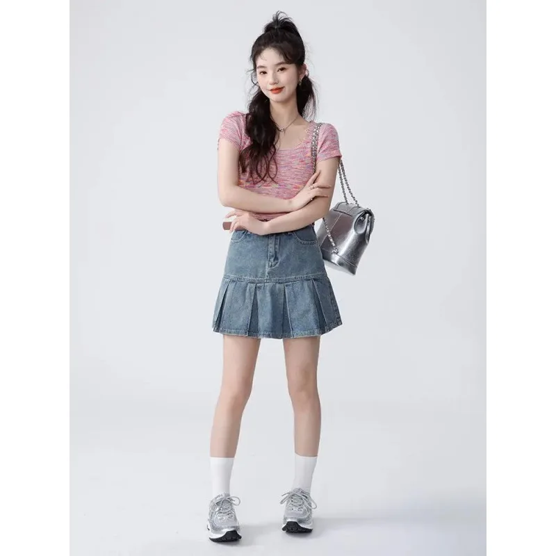 

Весна 2024: Новая женская джинсовая юбка с высокой талией, плиссированная, короткая, А-силуэт, в стиле колледж, Ciwalk Fashion