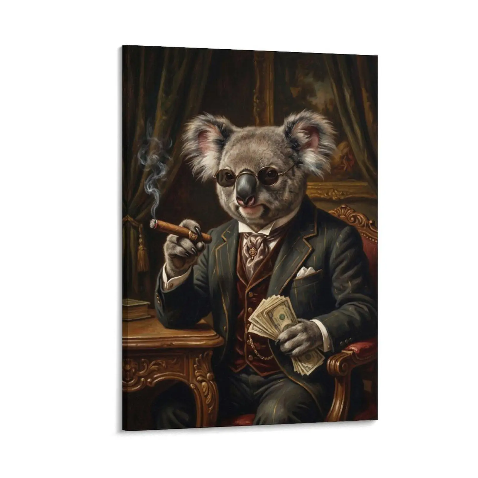 1 pieza de arte en lienzo impreso sin marco, pintura al óleo vintage de Koala con traje (cigarro y dinero), decoración de pared detallada para sala de estar, oficina, bar, hogar