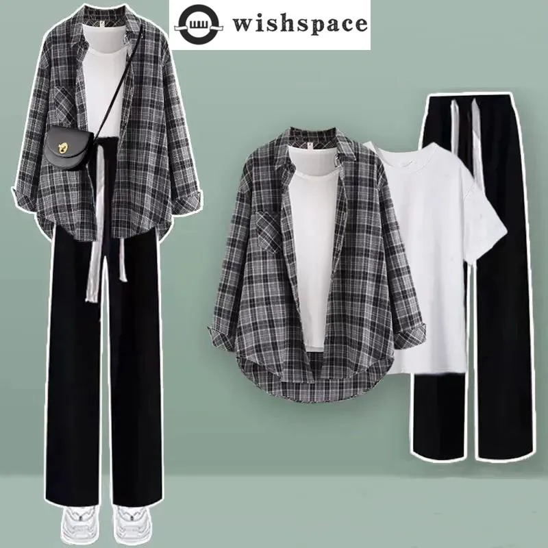 

Checkered Patchwork Chiffon Shirt White T-shirt Blouse Casual Wide Leg Pants Three Piece Set Elegant Women's Pants Set Tracksuit