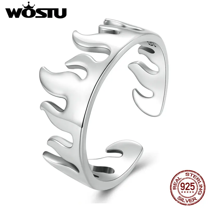 WOSTU 925 Sterling Silver Flame Opening Ring Simple Fire Shape Finger Ring Oxidized for Women Mother Gift Original Jewelry