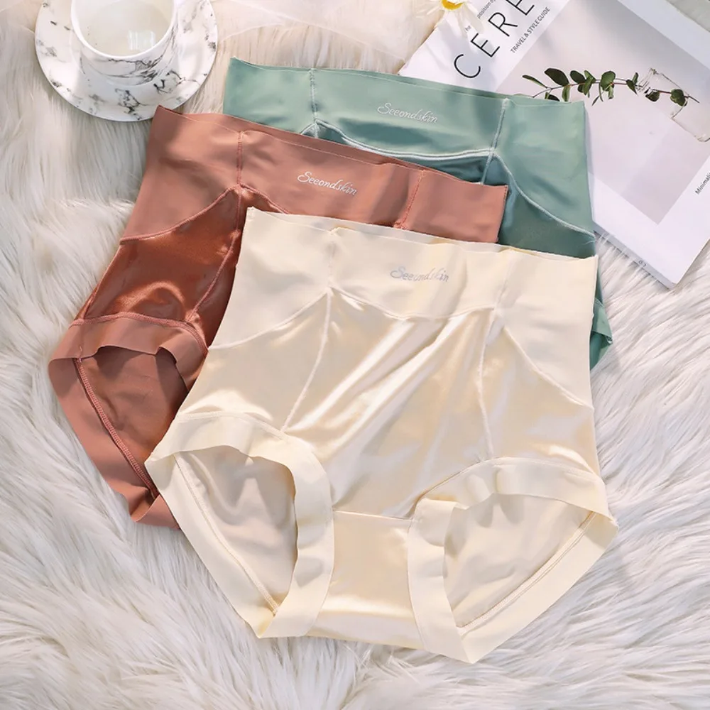 

Japanese Breathable Solid Color Traceless High Waist Silk Korean Underwear Women Panties Plus Size Briefs Satin