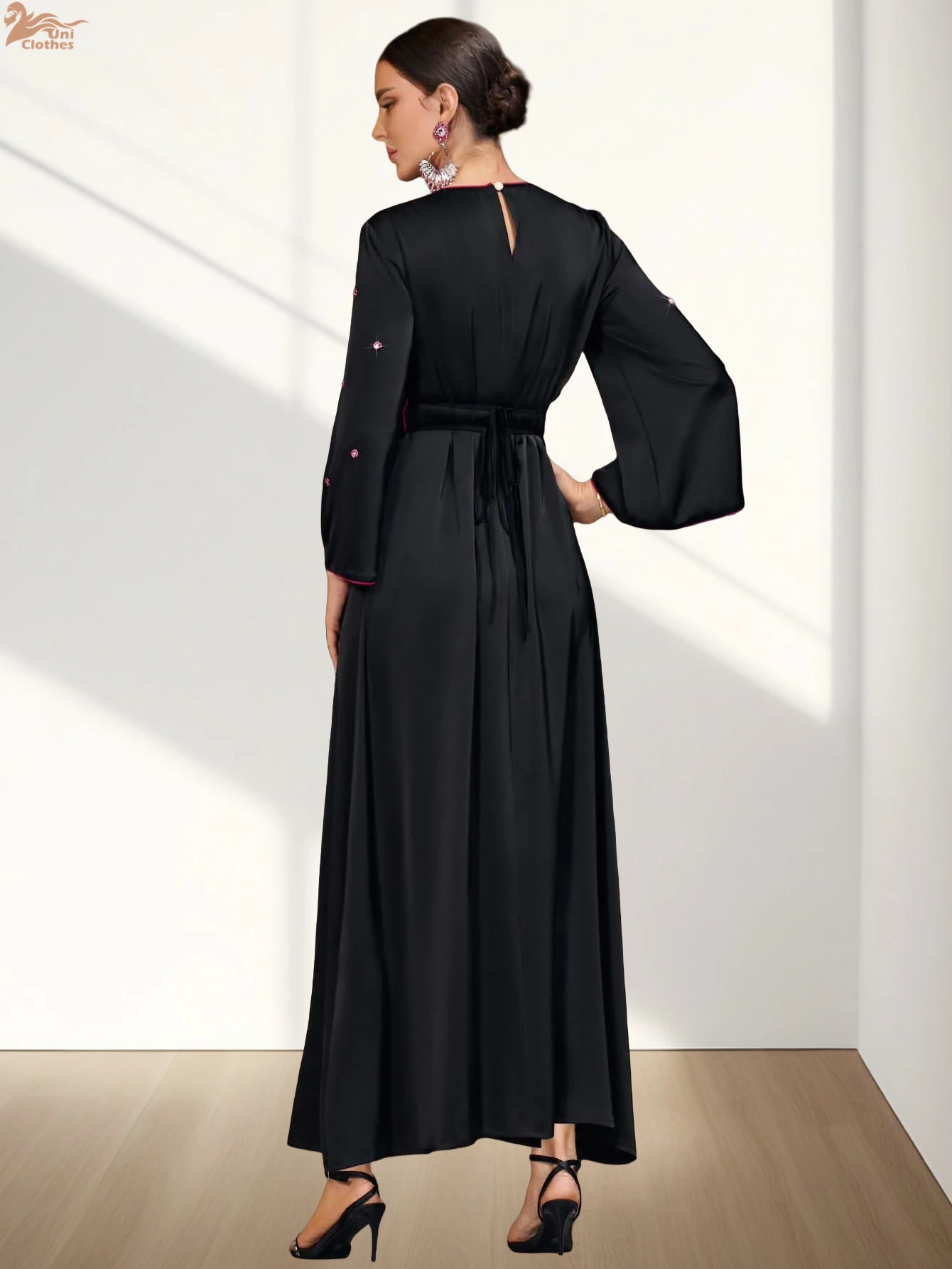 Uni New Morocco Rhinestone Decorated Maxi Abayas Dubai Patchwork Hollow Out Kaftan Belt included
