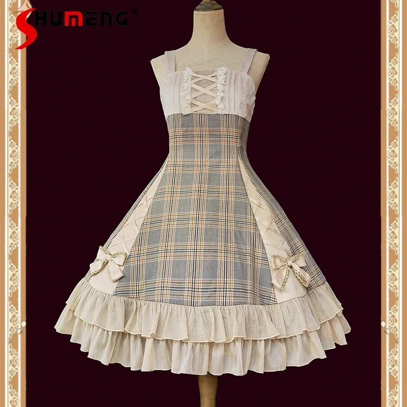 

European Retro Style Elegant Lolita Dress Women's Autumn High Waist Slim-Fit Bow Ruffle Edge Nee-Length Dress Plaid Dresses Jsk