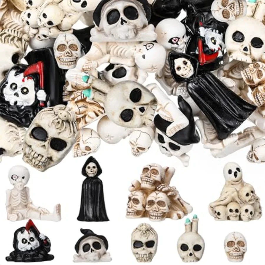 

60 pcs Mini Skull Figurine Halloween Miniature Skeleton Head Statue Mini Halloween Skulls Figurine for Micro Landscape Decor Do