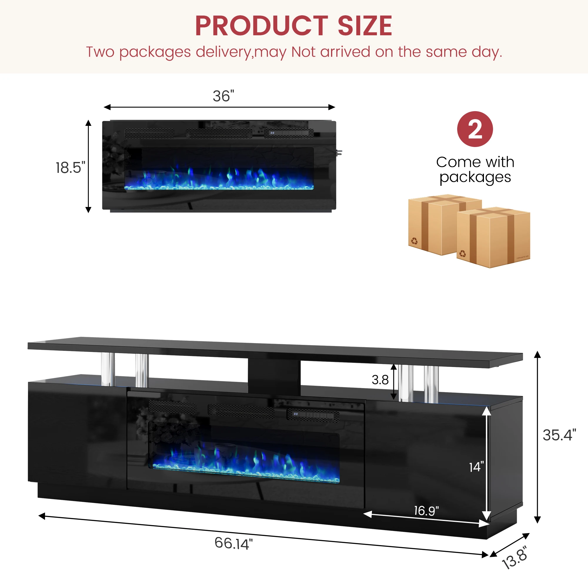 70 Inch Electric Fireplace TV Stand Media Console Table for TVs up to 80 Inch with 36 Inch 1400W Heater Insert 12 Flame and LED Colors 2 Tier Storage Shelves Living Room Entertainment Center Furniture