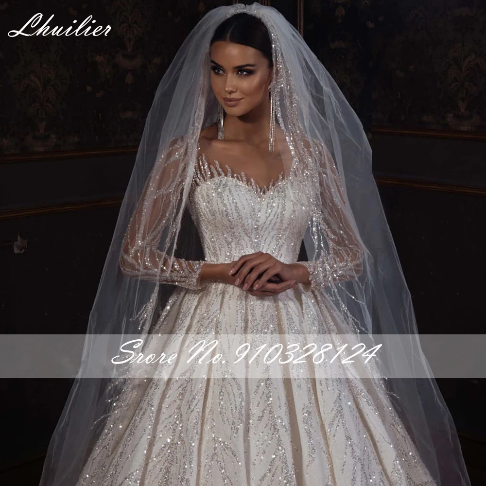 Lhuillier personalizado colher pescoço uma linha brilhante lantejoulas vestido de casamento mangas completas princesa frisado vestido de noiva com trem capela