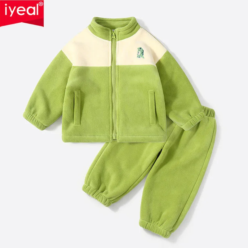 

IYEAL/детский осенне-зимний комплект одежды для мальчиков и девочек, флисовая куртка с толстым и теплым воротником-стойкой + брюки, комплект из двух предметов