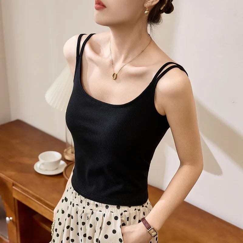 胸保護、Uネックインナー層を備えた純綿製の女性用ワンピース胸クッションキャミソールベスト