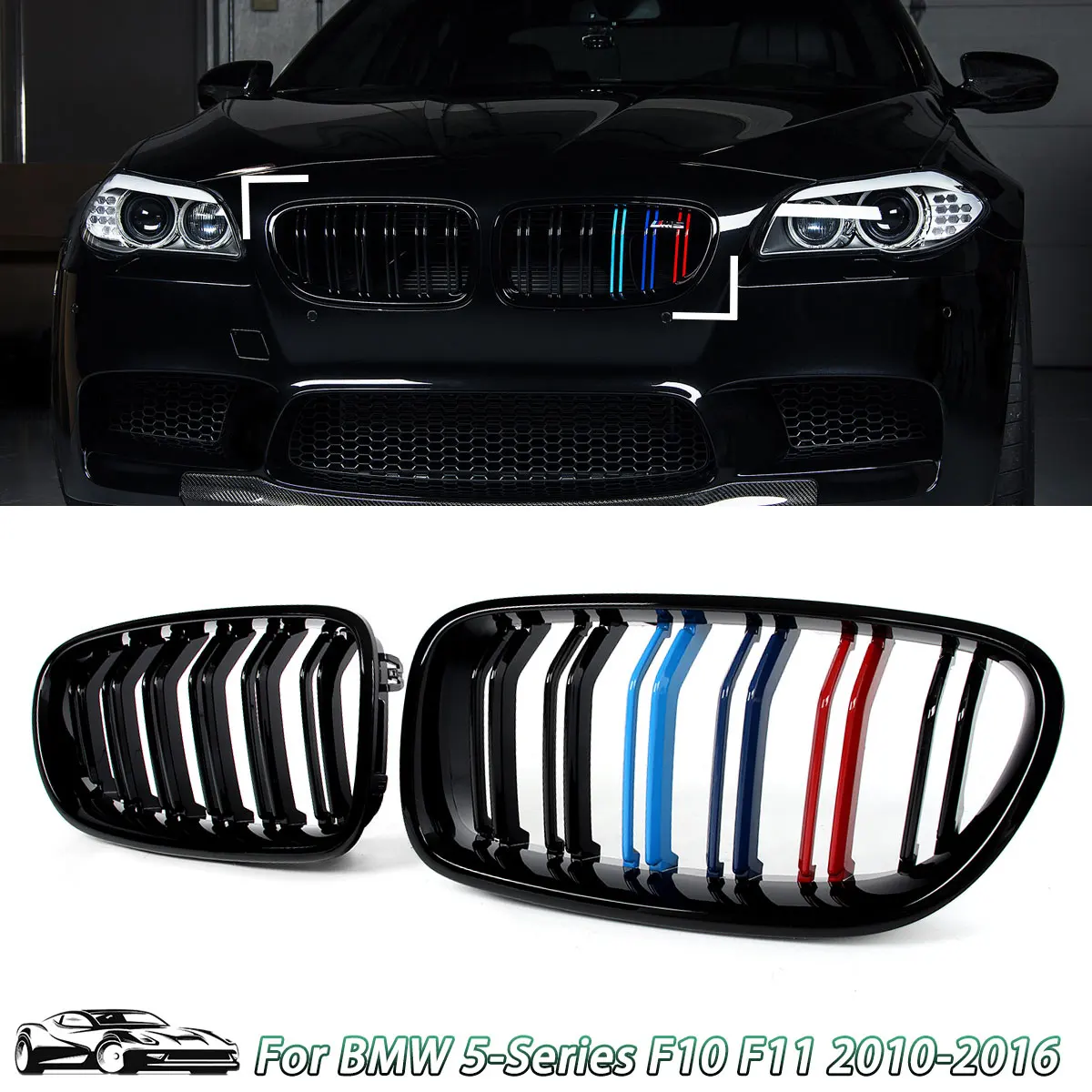 

Для BMW 5 серии F10 седан/M5 F11 Touring 2010-2016 передняя решетка почек гриль глянцевый черный M-цвет двойные рейки гоночные решетки