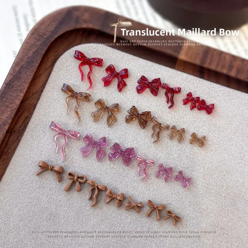 LYLE 50Pcs Autumn Winter Maillard Mixed 3D Bow Resin Rhinestone Wine Red Coffee Translucent Nail Art Charms Press On Accessories