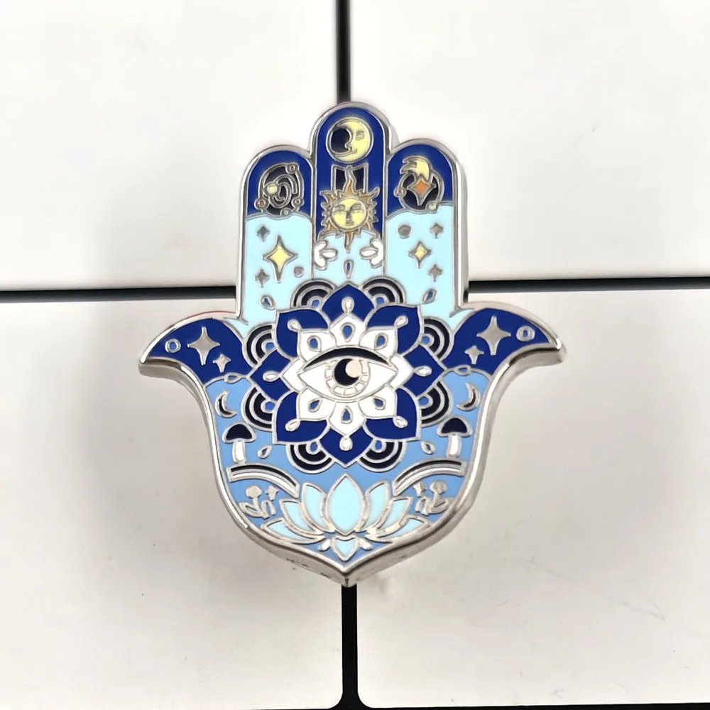 Hamsa Hand of Fatima Enamel Pins for Women Evil Eye Mandala Brooches Mystical Moon Sun Lapel Pin Badges Witchy Jewelry Gift