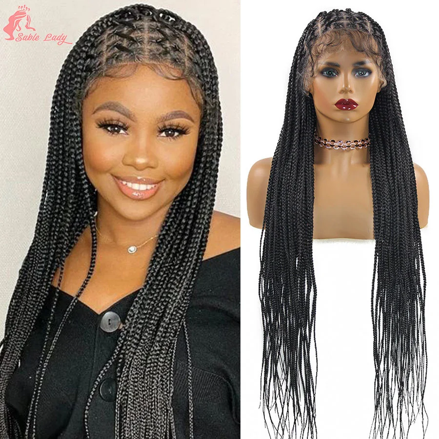 Long 36'' Synthetic Cornrows Full Lace Braids Wigs For Women Criss Cross Knotless Braided Wigs With Baby Hair Box  Braiding Wigs