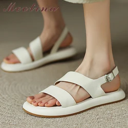 Meotina Women Genuine Leather Sandals Platform Flat Sandals Round Toe Buckle Sandals Ladies Fashion Shoes Summer Khak Beige