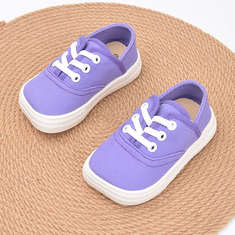 Girls Spring High Quality Rubber Sole Flat Comfortable Canvas Slip-on Walking Shoes Square Head Purple Orange Sneakers E8209