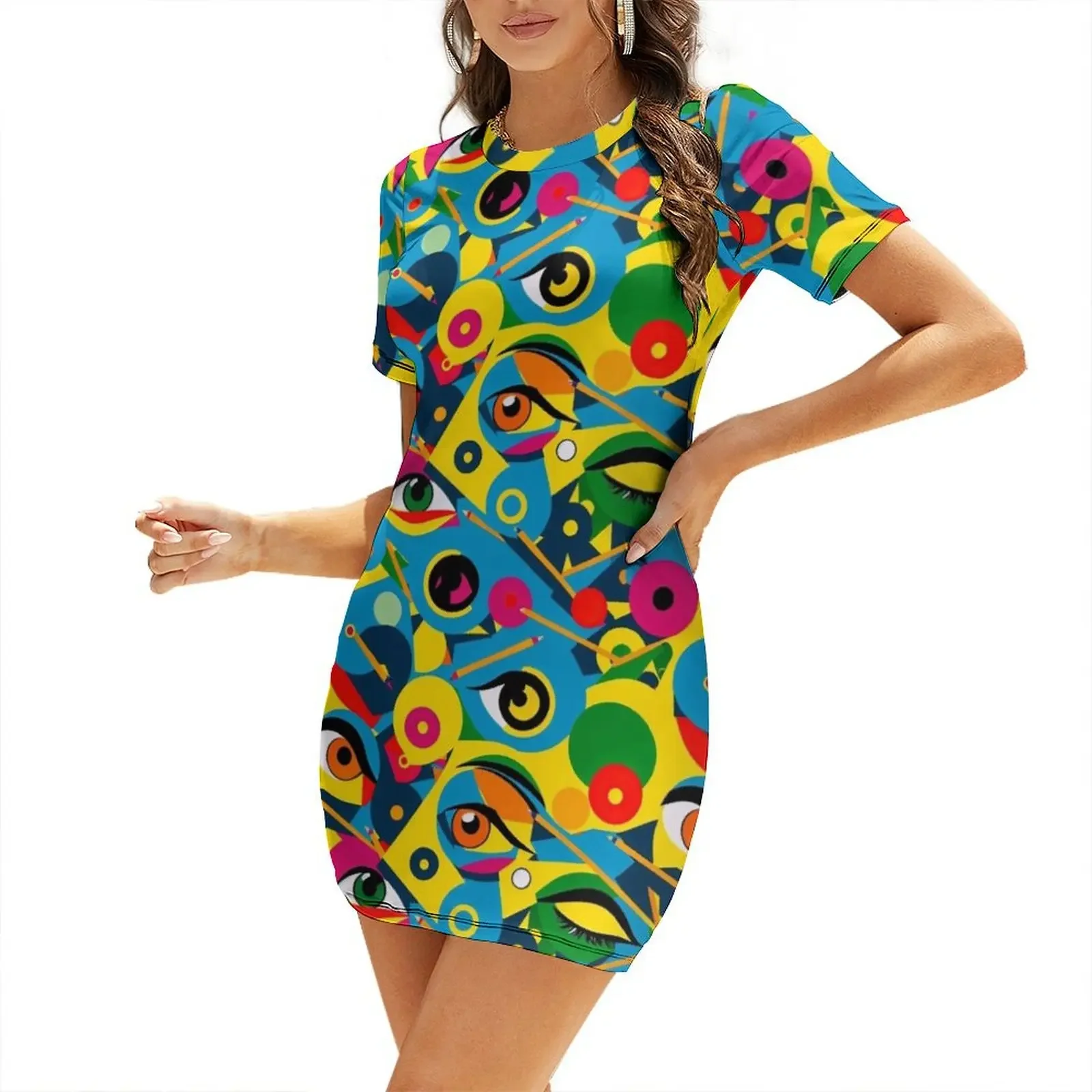 

Colorful Geometric Eyes Pattern Short-Sleeved Dress womens dress dress women elegant luxury