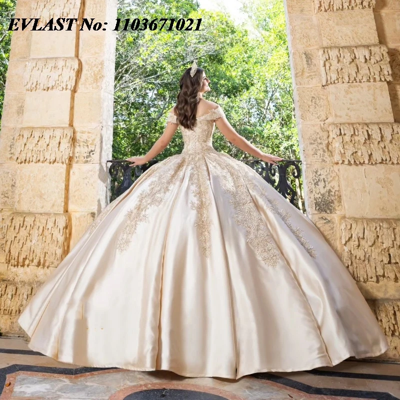 

EVLAST Mexican Champagne Satin Ball Gown Quinceanera Dress Shiny Lace Applique Beaded Corset Sweet 16 Vestidos De Anos SQ387