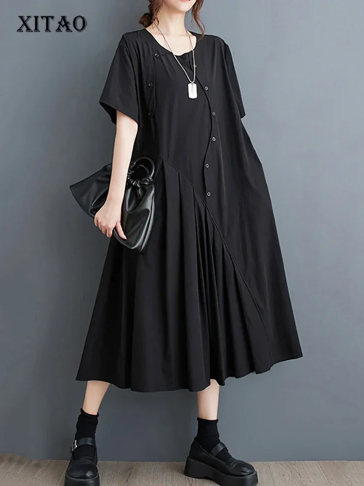 

XITAO Double Breasted Fold Pullover Dress Solid Color O-neck A-line Loose Mid-calf Casual Slimming Dress 2025 Summer New DMJ4177