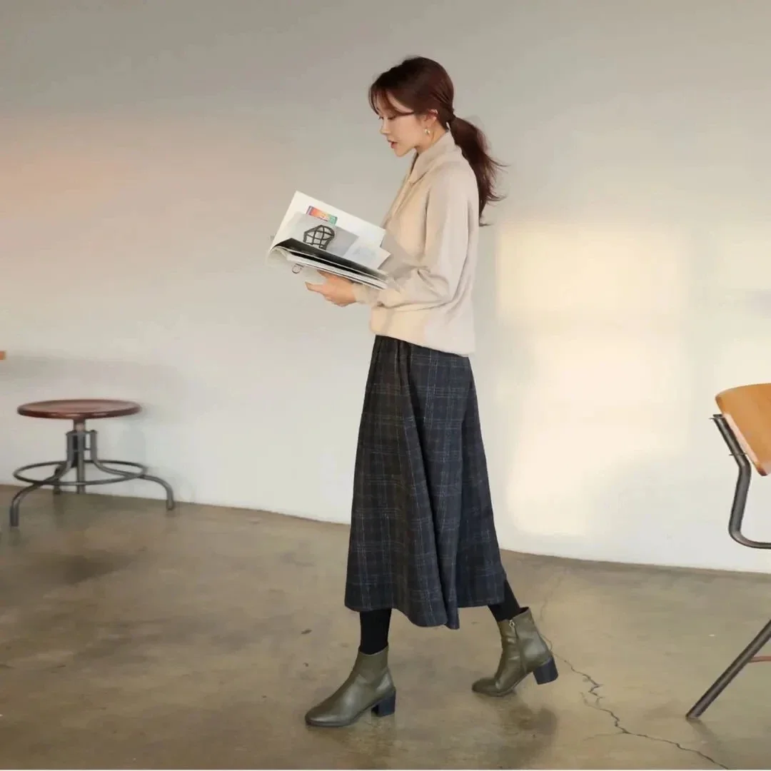 المرأة مرونة عالية الخصر السراويل الصوفية الخريف الشتاء جديد منقوشة الصوف بنطال ذو قصة أرجل واسعة الإناث عادية فضفاض الكاحل طول التنانير السراويل