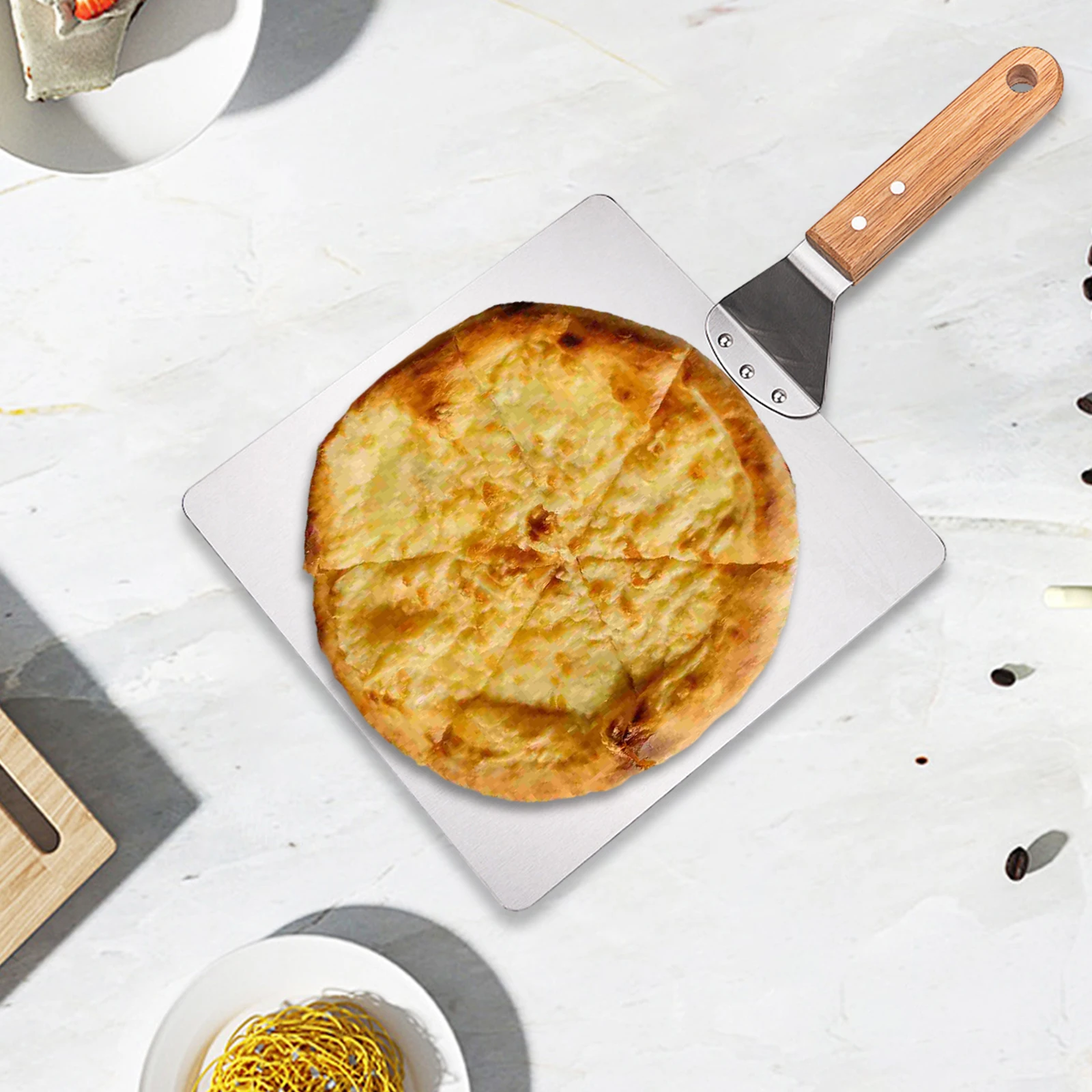 Stainless Steel Pizza Peel Pizza Oven Accessories Portable Multifunctional Heat Resistant Wooden Handle Square Cake Lifter