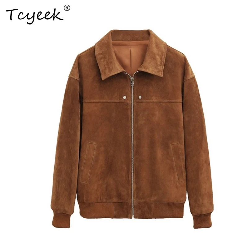Tcyeek Real Sheepskin Spring Autumn High End Trendy Lapel Suede Brown Women's Genuine Leather Jacket Женская Кожаная Куртка