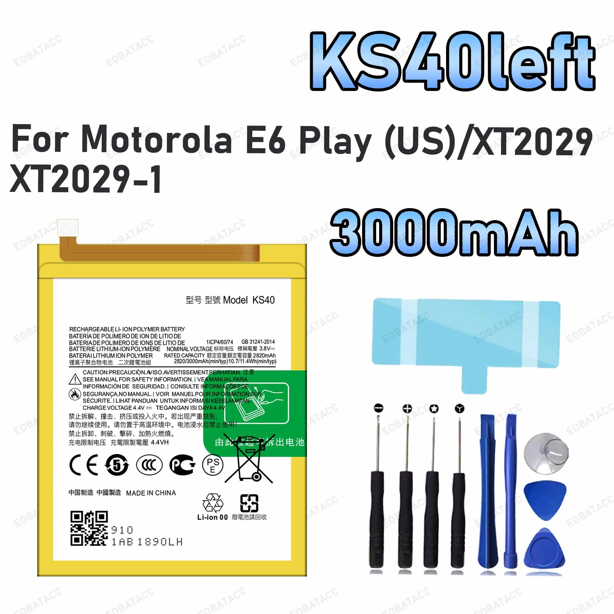 3000mAh KS40 left Replacement Battery for Motorola Moto E6 Play US/XT2029 battery Repair Tools Kit