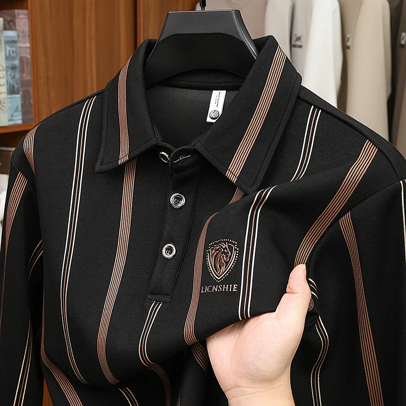 

Men's Autumn High Quality Long Sleeves Polo Shirt Lapel Button Diamond Inlaid Stripe Best Seller T-Shirt Leisure Men's Clothing