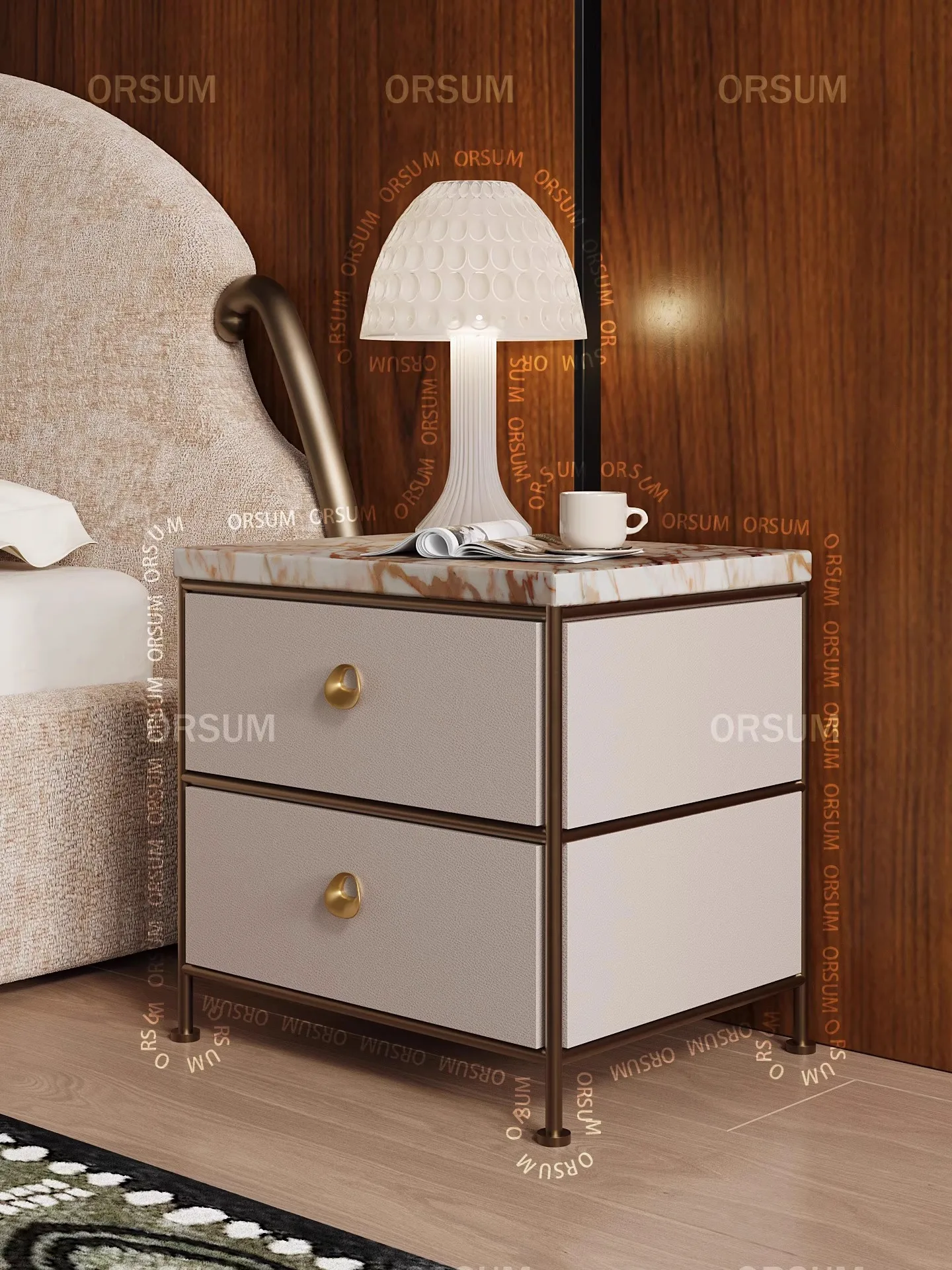 

Bedroom natural marble luxury stone simple modern light luxury leather bedside cabinet designer fashion