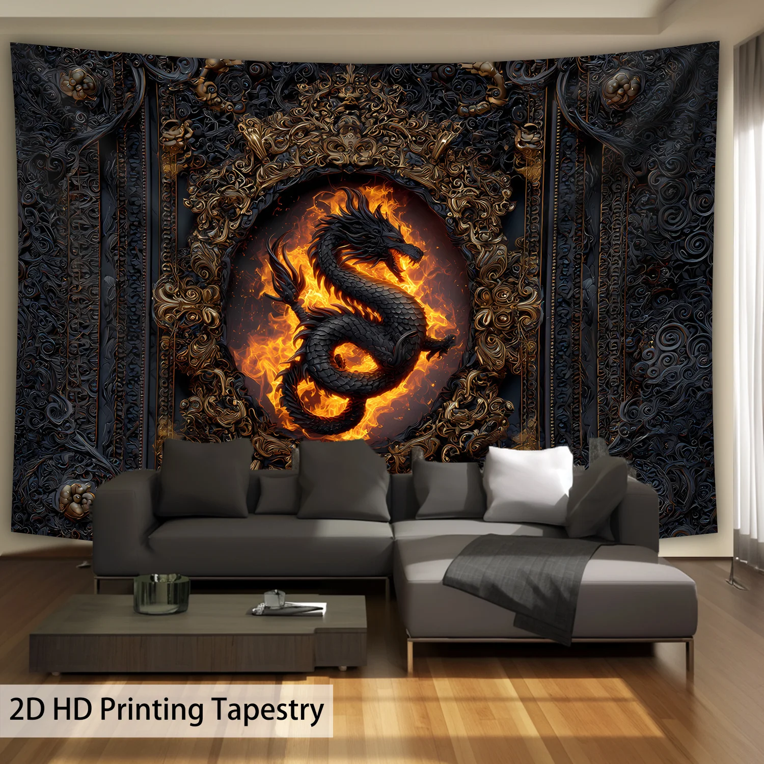 Mythical White Dragon Tapestry, Oriental Serpent with Fiery Eyes on Dark Cave Background,Wall Art for Gothic Asian Fantasy Decor